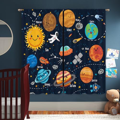 Miyotaa Solar System Universe Window Curtains 2 Panels 42W x 63H Rod Pocket Kids Boys Outer Space Planet Learning Study Knowledge Galaxy Polyester Window Drapery Treatment for Bedroom Living Room