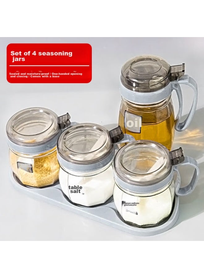 Extreme Space Jidu Kongjian Seasoning Container Set For Home Use： 1 Oil Bottle + 3 Blue-gray Seasoning Jars + Base - Image 1