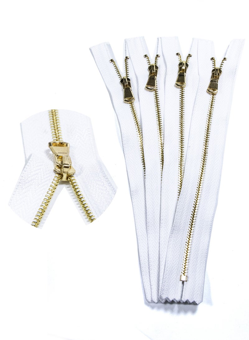 Premium Metal Zippers – No. 3  20cm White with Gold Teeth – 4-Pieces for Tailoring, Sewing, and DIY Projects - Image 1