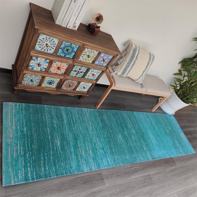 9FT HALL RUGS RUNNERS NON SLIP ABSTRACT TEAL RUNNER RUG WITH RUBBER BACKING WASHABLE CONTEMPORARY SEA BLUE STRIPE 23X89 FLAT WEAVE PETS FRIENDLY KITCHEN RUNNER INDOOR FLOOR CARPET MAT