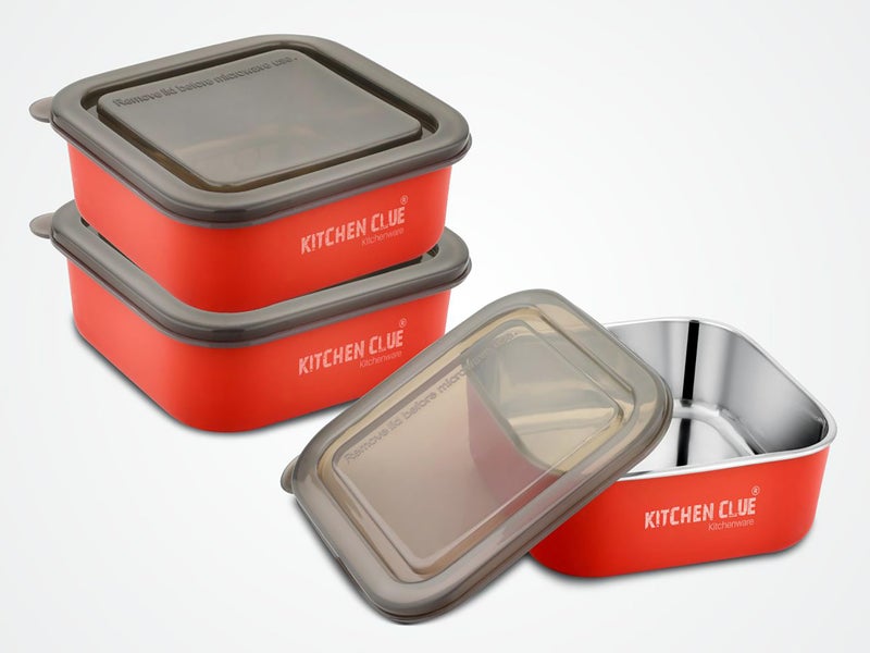 KITCHEN CLUE Stainless Steel Lunch Container/Microwave Safe Re-Heating Boxes - Pack of 3 Pcs, 800 ML Each - Airtight & Leak-Proof Lids - Black Transparent Lids - Kitchen Utility Storage Containers - Image 1