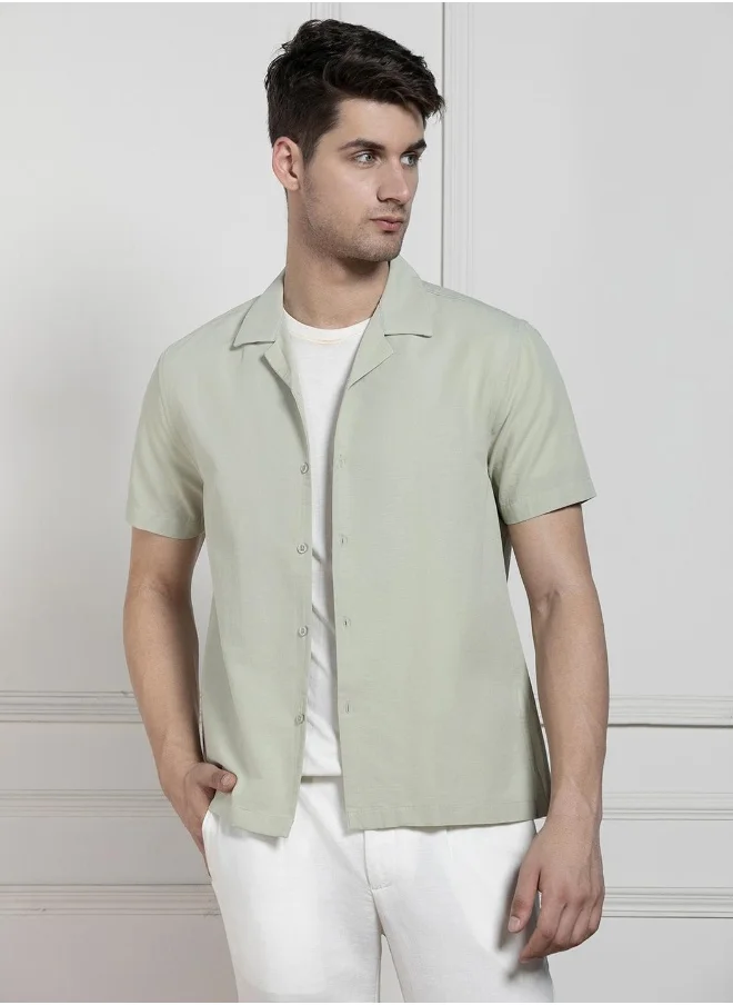Dennis Lingo Relaxed Fit Pista Green Solid Cotton Jute Shirt Cuban Collar