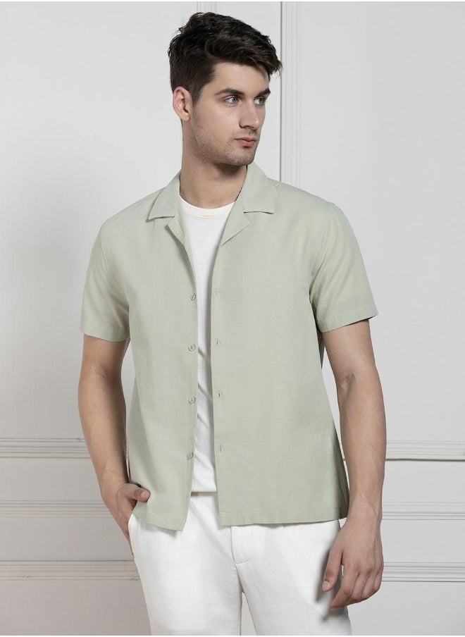 Dennis Lingo Relaxed Fit Pista Green Solid Cotton Jute Shirt Cuban Collar  - Image 5