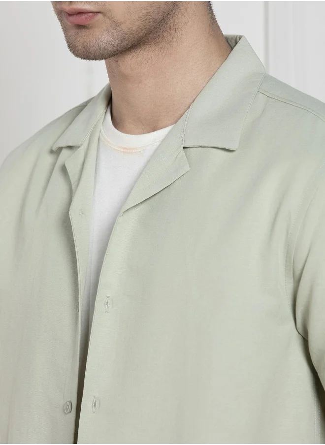 Dennis Lingo Relaxed Fit Pista Green Solid Cotton Jute Shirt Cuban Collar