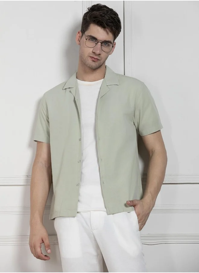 دينيس لينغو Relaxed Fit Pista Green Solid Cotton Jute Shirt Cuban Collar