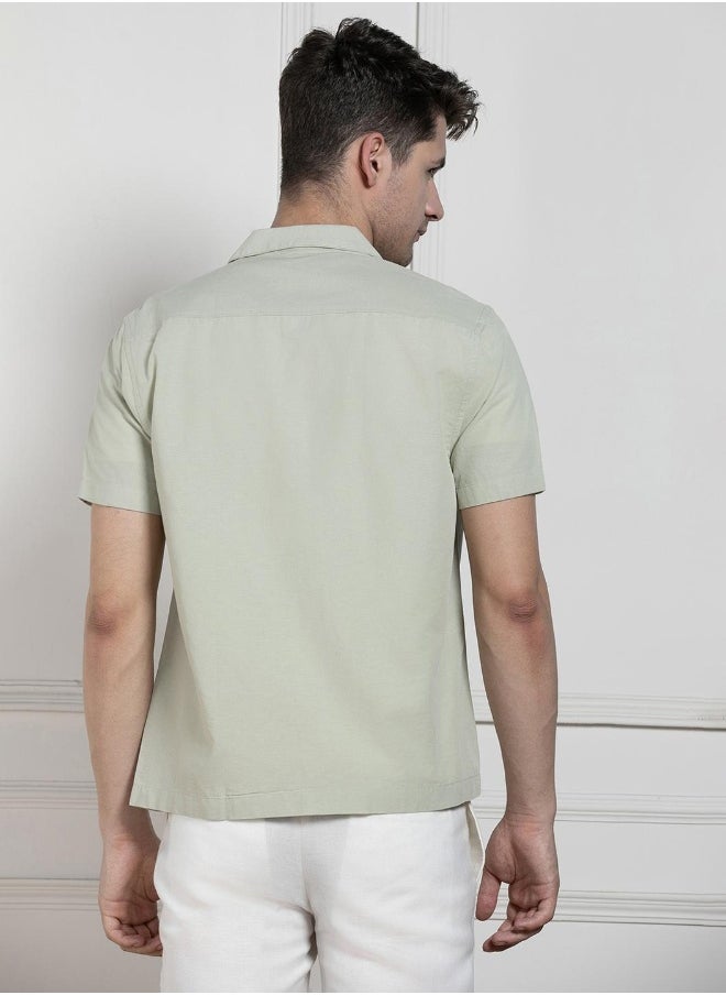 Dennis Lingo Relaxed Fit Pista Green Solid Cotton Jute Shirt Cuban Collar  - Image 3