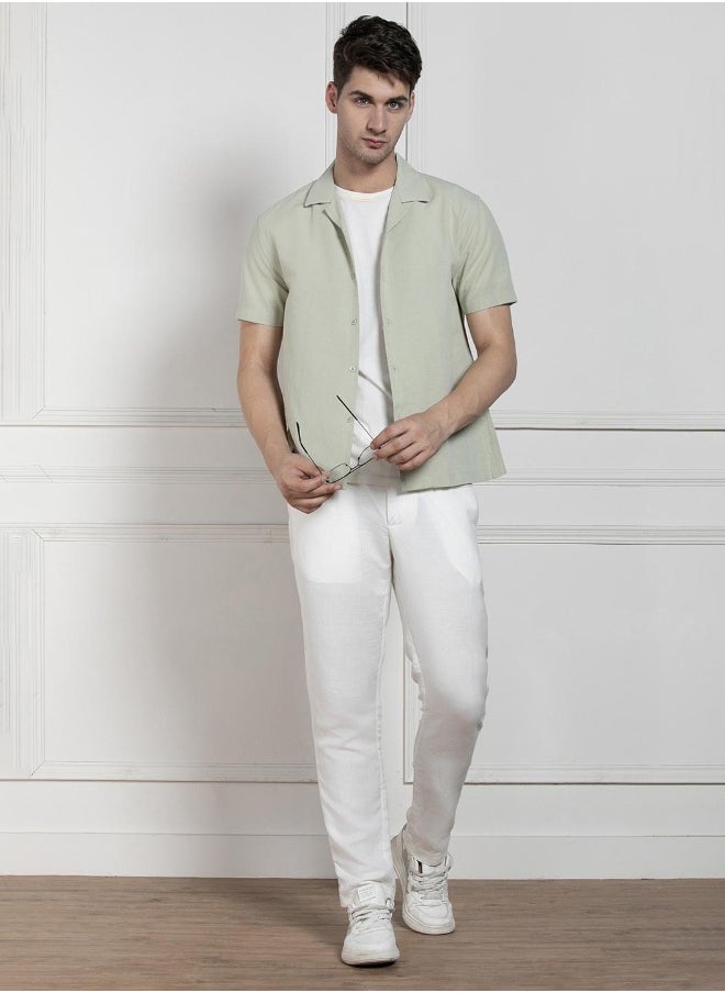 Dennis Lingo Relaxed Fit Pista Green Solid Cotton Jute Shirt Cuban Collar  - Image 1