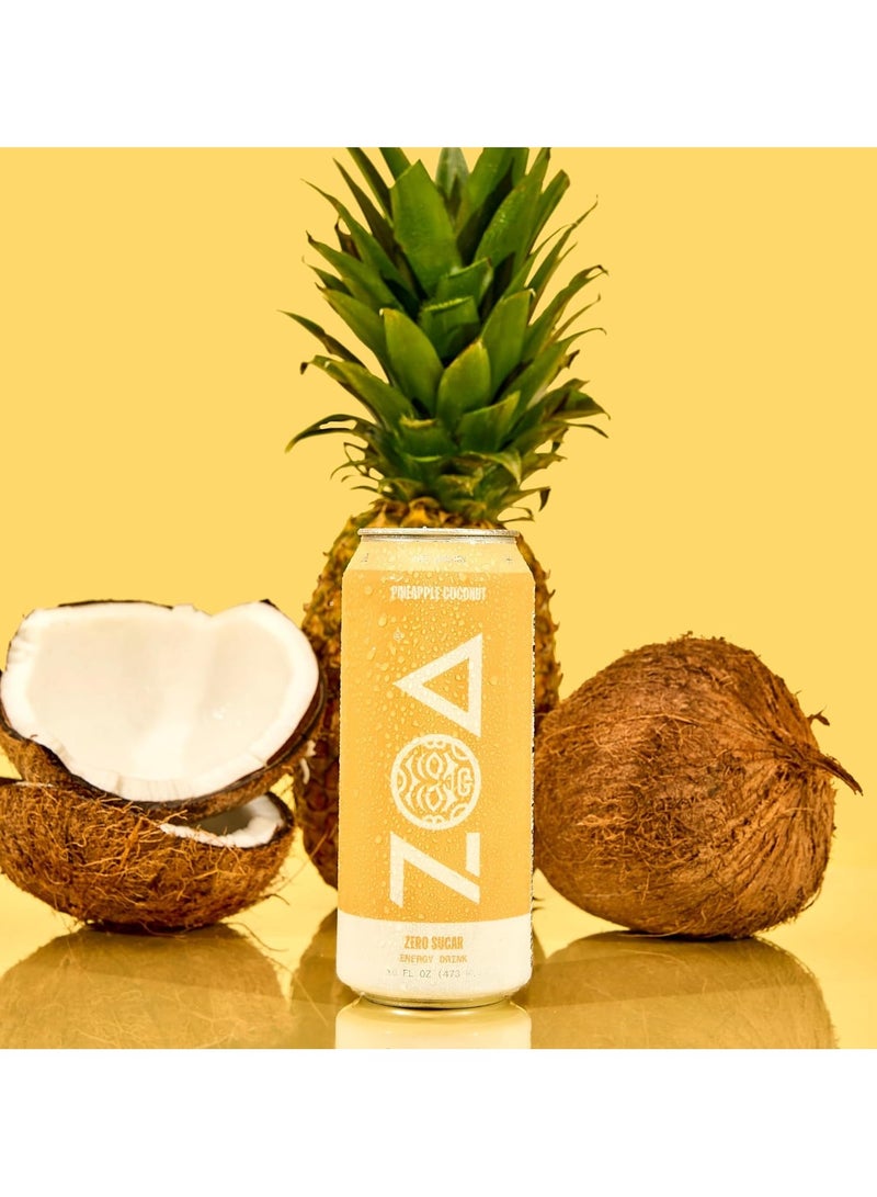 ZOA Energy Drink, Pineapple Coconut 16 Fl Oz Zero Sugar Vitamins Electrolytes- Gluten Free & Keto Friendly Pack of 1 - Image 1