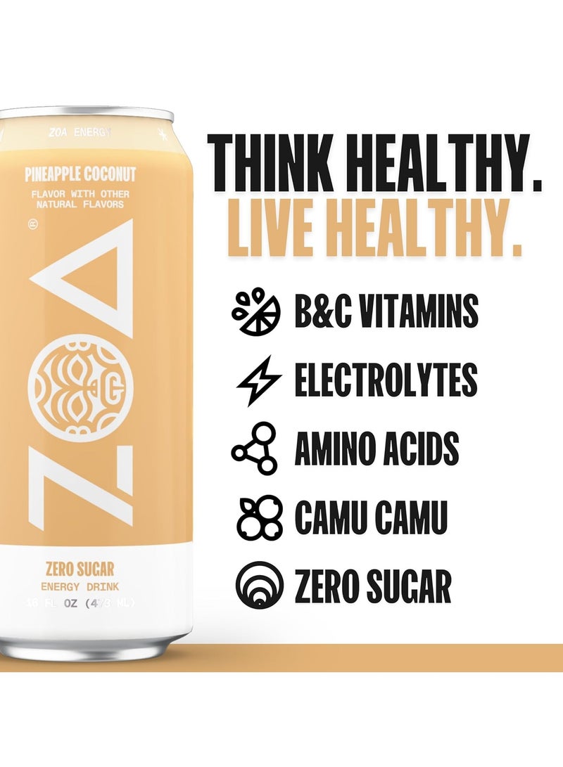 ZOA Energy Drink, Pineapple Coconut 16 Fl Oz Zero Sugar Vitamins Electrolytes- Gluten Free & Keto Friendly Pack of 1 - Image 4