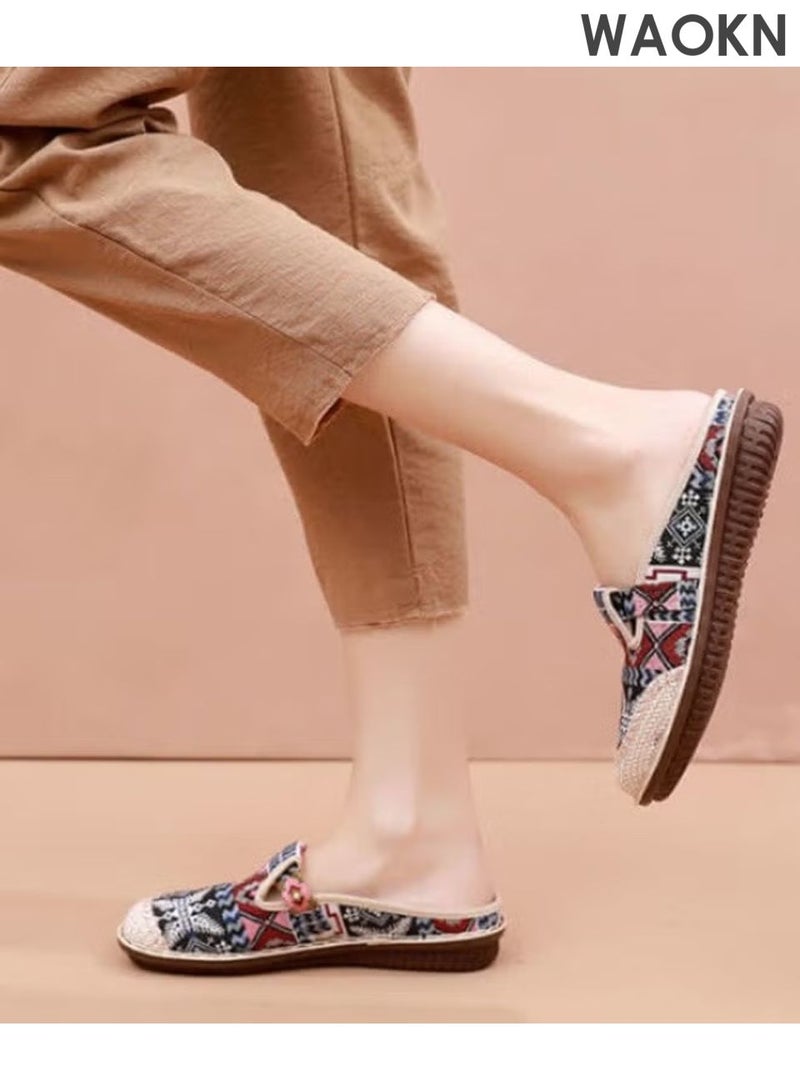 WAOKN Women's Round Toe Casual Walking Mule Shoes, Household Canvas Slippers Old Beijing Shoes, Embroidered Shoes Kung Fu Tai Chi Shoes,Women's cloth shoes with one foot, lazy shoes, toe caps, slippers,Ethnic style shallow mouth shoes. - Image 2