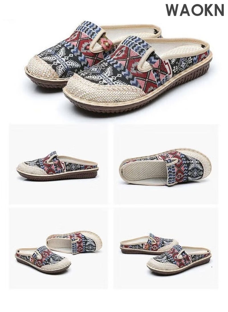 WAOKN Women's Round Toe Casual Walking Mule Shoes, Household Canvas Slippers Old Beijing Shoes, Embroidered Shoes Kung Fu Tai Chi Shoes,Women's cloth shoes with one foot, lazy shoes, toe caps, slippers,Ethnic style shallow mouth shoes. - Image 5