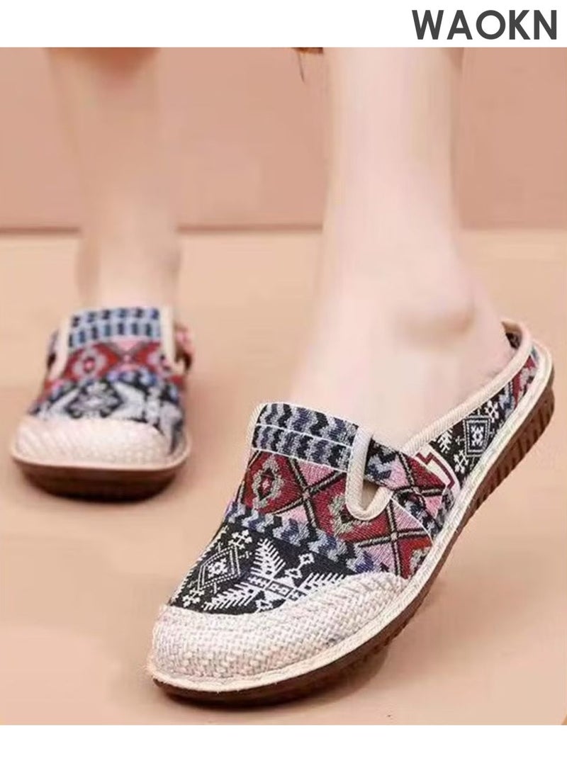 WAOKN Women's Round Toe Casual Walking Mule Shoes, Household Canvas Slippers Old Beijing Shoes, Embroidered Shoes Kung Fu Tai Chi Shoes,Women's cloth shoes with one foot, lazy shoes, toe caps, slippers,Ethnic style shallow mouth shoes. - Image 1