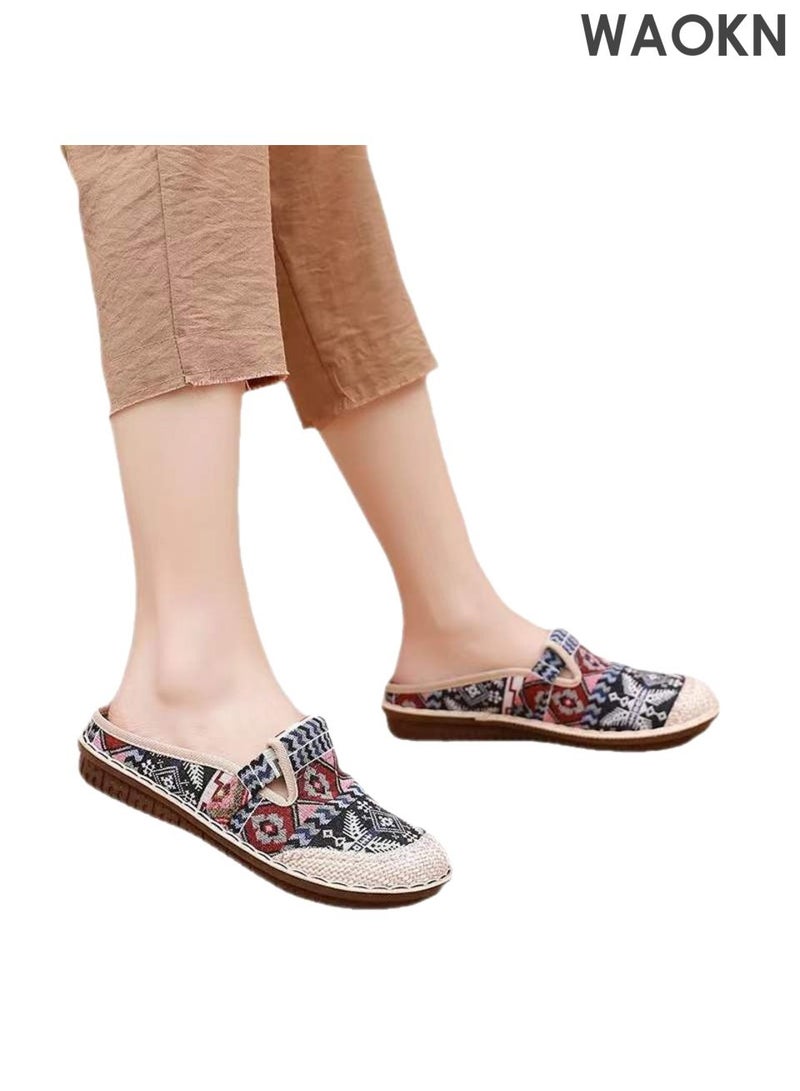 WAOKN Women's Round Toe Casual Walking Mule Shoes, Household Canvas Slippers Old Beijing Shoes, Embroidered Shoes Kung Fu Tai Chi Shoes,Women's cloth shoes with one foot, lazy shoes, toe caps, slippers,Ethnic style shallow mouth shoes. - Image 4