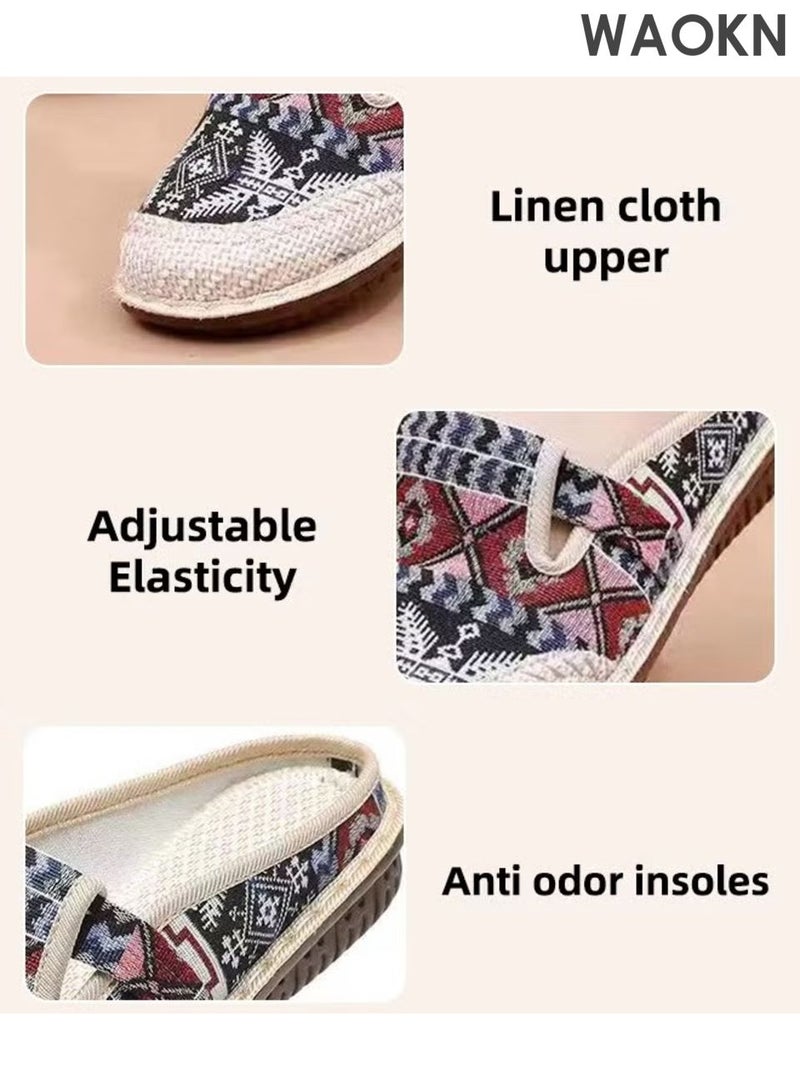 WAOKN Women's Round Toe Casual Walking Mule Shoes, Household Canvas Slippers Old Beijing Shoes, Embroidered Shoes Kung Fu Tai Chi Shoes,Women's cloth shoes with one foot, lazy shoes, toe caps, slippers,Ethnic style shallow mouth shoes. - Image 3