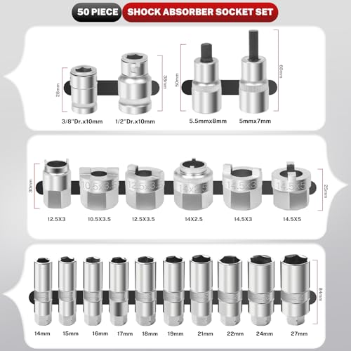 BILITOOLS 50PCS Shock Absorber Strut Nut Socket Set Master Suspension Strut Top Mount Nut Removal Install Automotive Tool with Ratchet Adaptors - Image 4