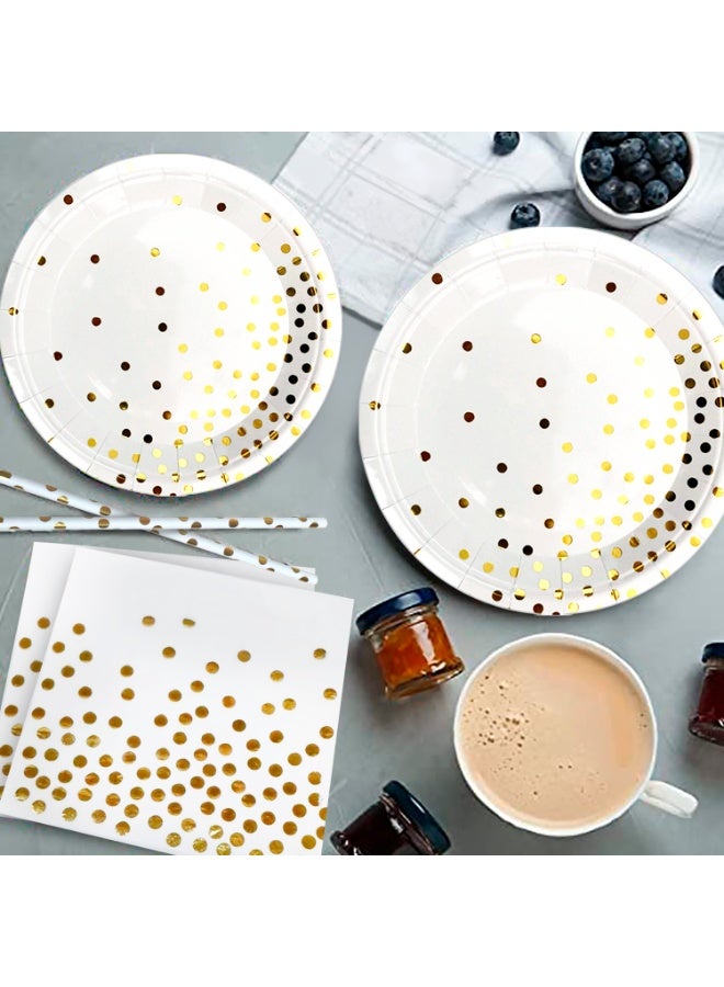 FRUITFUL PARTY 193pcs White and Gold Party Disposable Tableware Set for 24 Guests, Gold Paper Plates and Napkins Party Supplies Set Gold Dot Tablecloth - Image 3