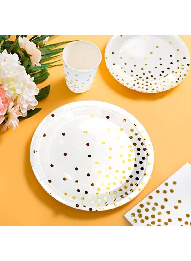 FRUITFUL PARTY 193pcs White and Gold Party Disposable Tableware Set for 24 Guests, Gold Paper Plates and Napkins Party Supplies Set Gold Dot Tablecloth - Image 4