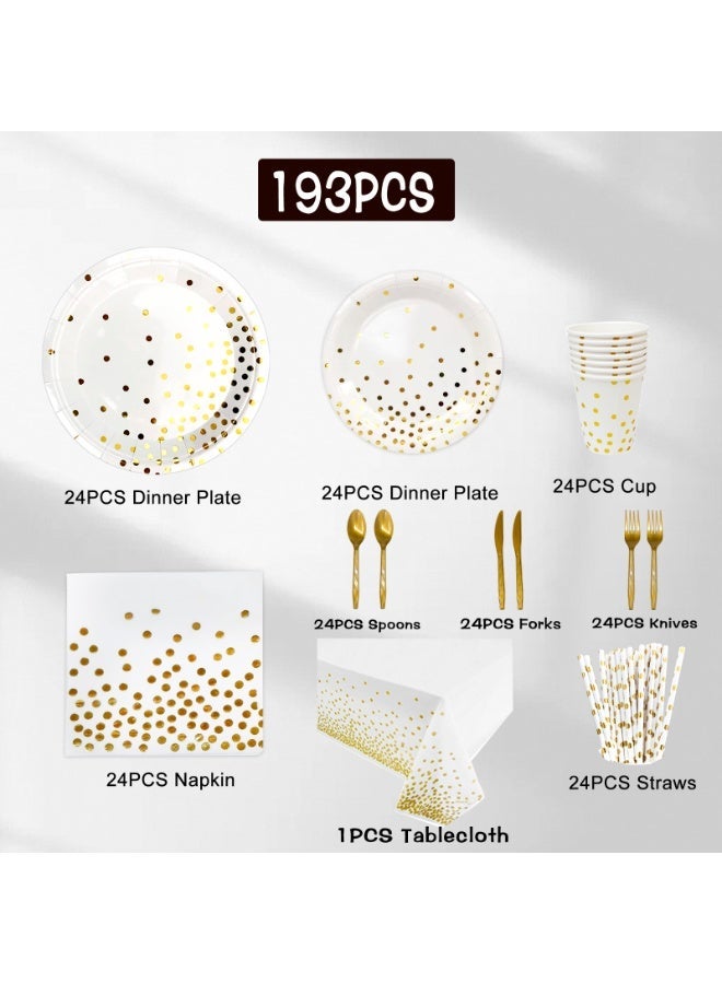 FRUITFUL PARTY 193pcs White and Gold Party Disposable Tableware Set for 24 Guests, Gold Paper Plates and Napkins Party Supplies Set Gold Dot Tablecloth - Image 2