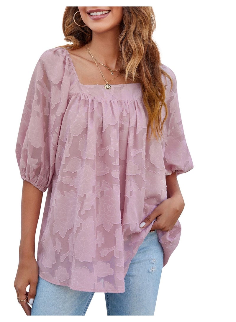 Loquat Fashion New Women's Pattern Bubble Sleeve Chiffon Loose Shirt 