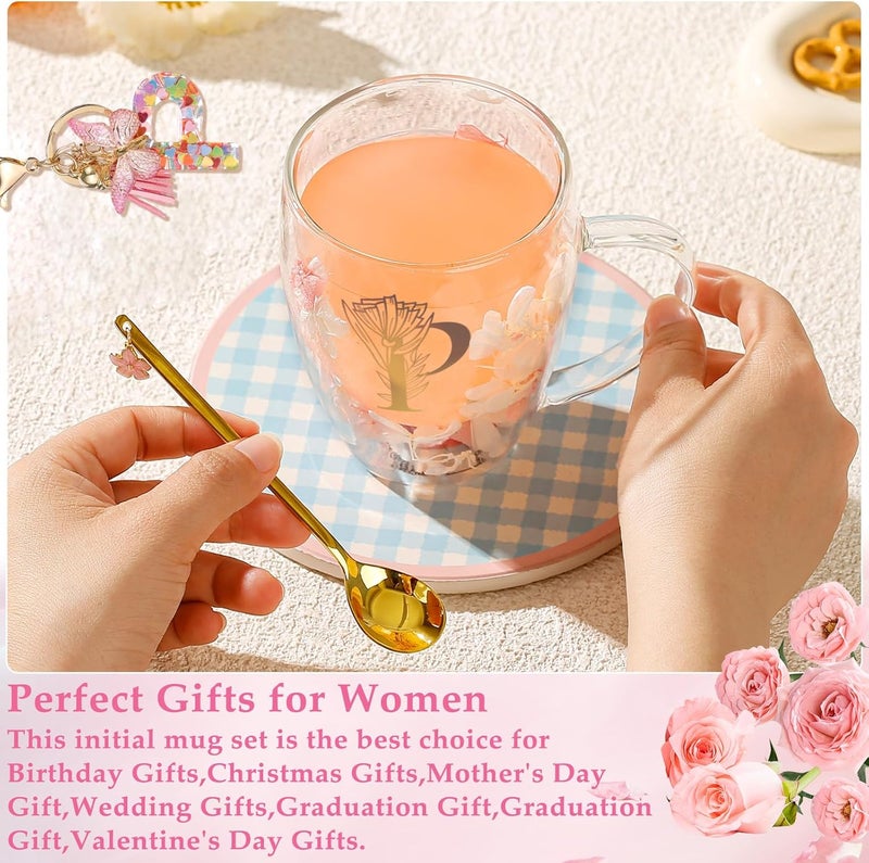 BigNoseDeer Gifts for Women Glass Coffee Mugs Unique Birthday Gift for Women Her Ladies Espresso Tea Cups Personalised Friendship Wedding Gifts Cute Double Walled Glass Mugs Pink Stuff Graduation Gift (Letter P) - Image 2