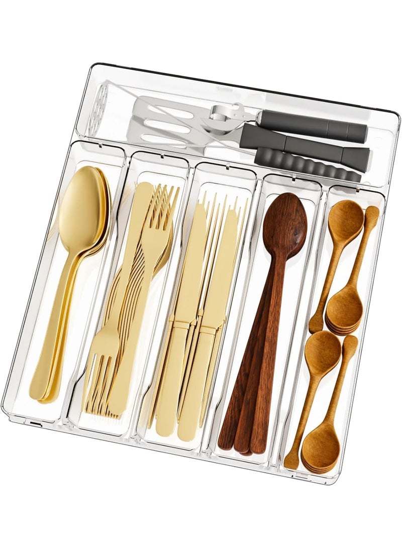 SYOSI Silverware Drawers Organizer, Plastic Cutlery Tray with 6 Compartments, BPA Free Flatware Holder for Knives Forks and Spoons, Non Slip Utensil Storage Organizer for Home Kitchen Office, Transparent - Image 1