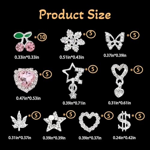 Pizadix 55 Pcs 3D Silver-Pink Nail Charms Y2K Set: Snowflakes, Stars, Dangle Stars, Hearts, Dangle Hearts,Cherries, Maple Leaves, Butterflies, Dollars Silver Nail Charms Y2K - Image 3