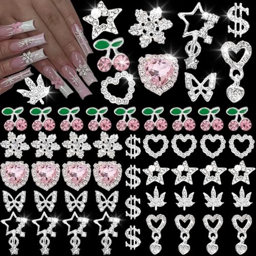 Pizadix 55 Pcs 3D Silver-Pink Nail Charms Y2K Set: Snowflakes, Stars, Dangle Stars, Hearts, Dangle Hearts,Cherries, Maple Leaves, Butterflies, Dollars Silver Nail Charms Y2K - Image 1
