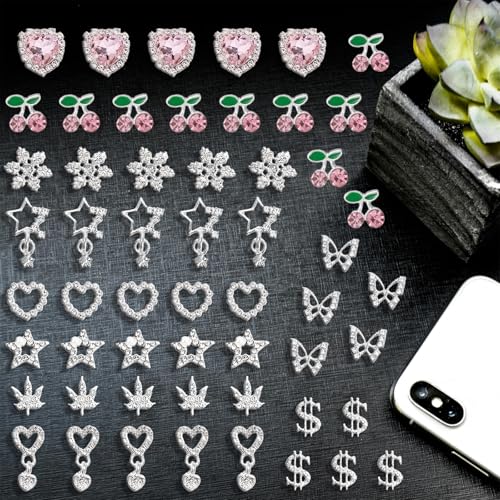Pizadix 55 Pcs 3D Silver-Pink Nail Charms Y2K Set: Snowflakes, Stars, Dangle Stars, Hearts, Dangle Hearts,Cherries, Maple Leaves, Butterflies, Dollars Silver Nail Charms Y2K - Image 2