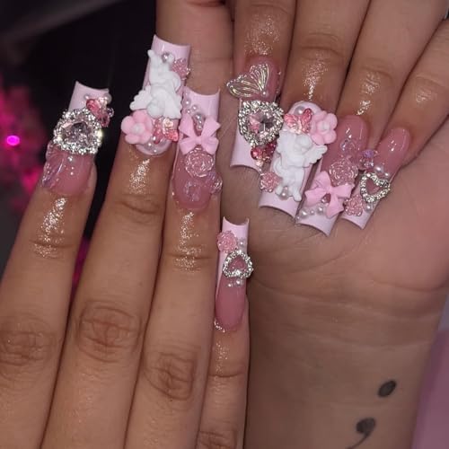 Pizadix 55 Pcs 3D Silver-Pink Nail Charms Y2K Set: Snowflakes, Stars, Dangle Stars, Hearts, Dangle Hearts,Cherries, Maple Leaves, Butterflies, Dollars Silver Nail Charms Y2K - Image 4