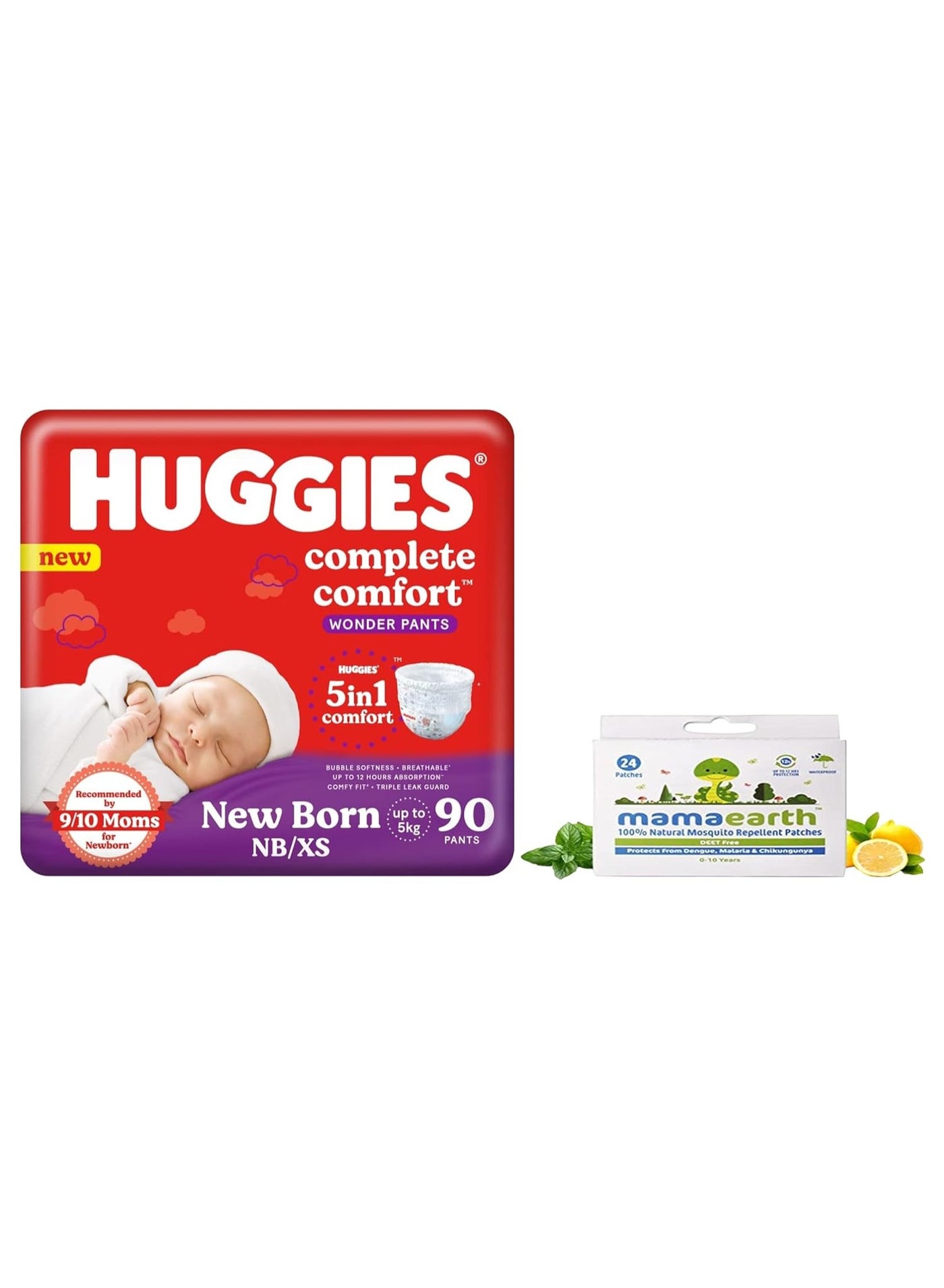 Huggies Complete Comfort Wonder Pants, Extra Small (NB/XS) (90 count) with 5 in 1 Comfort & Mamaearth Natural Repellent Mosquito Patches For Babies with 12 Hour Protection,White,Pack of 1