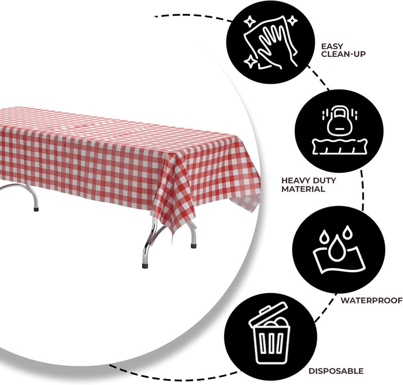 Exquisite Picnic Table Cover - 6 Pack Premium Rectangle Plastic Tablecloth - Red & White Checkered BBQ Plastic Table Cover - Gingham Checkerboard Disposable Plastic Tablecloth 54" x 108" Rectangle - Image 4