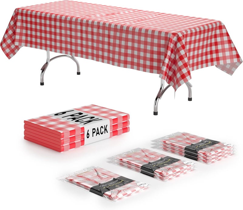 Exquisite Picnic Table Cover - 6 Pack Premium Rectangle Plastic Tablecloth - Red & White Checkered BBQ Plastic Table Cover - Gingham Checkerboard Disposable Plastic Tablecloth 54" x 108" Rectangle - Image 1
