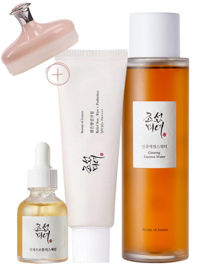 Beauty of Joseon Revitalize and Radiate Trio & Face Scrubber - Rejuvenating Ginseng Water Essence Toner, Brightening Glow Serum, and Protective Sunscreen Rice Probiotics SPF50+ PA++++ 230ml - Image 1