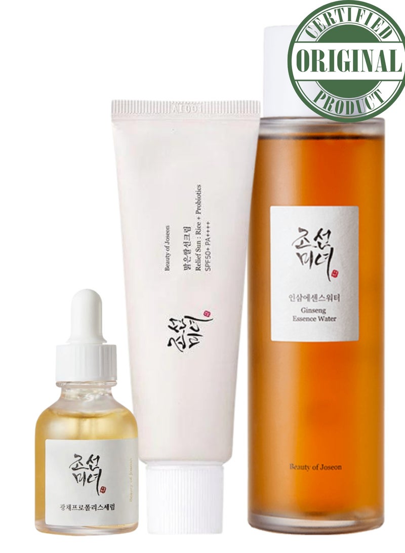 Beauty of Joseon Revitalize and Radiate Trio & Face Scrubber - Rejuvenating Ginseng Water Essence Toner, Brightening Glow Serum, and Protective Sunscreen Rice Probiotics SPF50+ PA++++ 230ml - Image 2