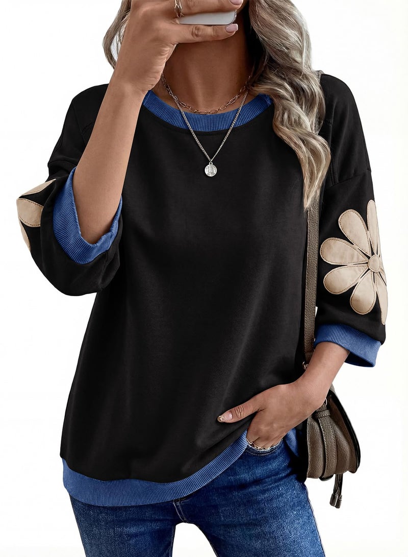 Dokotoo Women's Casual Tops 3/4 Sleeve Contrast Color Block Sweatshirt 2026 Round Neck Loose Fit Cute T Shirt Summer Fashion Floral Patchwork Black Pullover Tops Large - Image 1