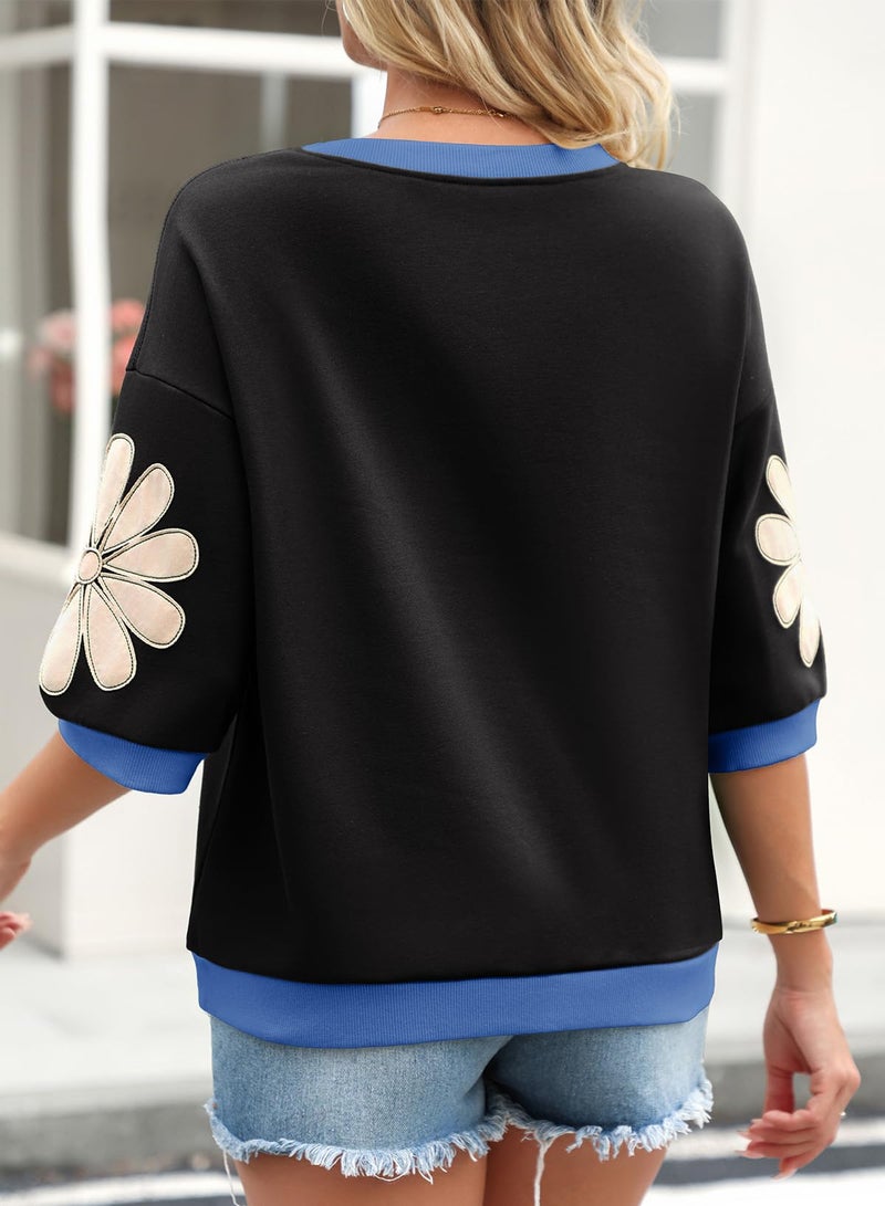 Dokotoo Women's Casual Tops 3/4 Sleeve Contrast Color Block Sweatshirt 2026 Round Neck Loose Fit Cute T Shirt Summer Fashion Floral Patchwork Black Pullover Tops Large - Image 2