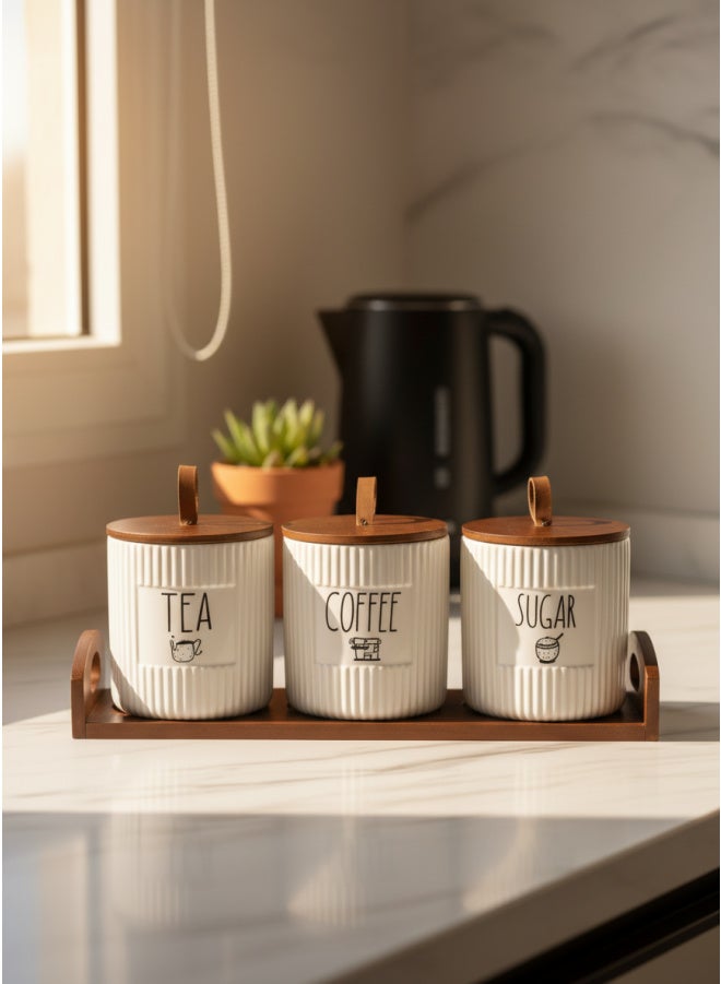 كذا هوم كاسا هوم طقم برطمانات بورسلين للشاي والقهوة والسكر بأغطية خشب وصينية منظم مطبخ مصر - Image 1