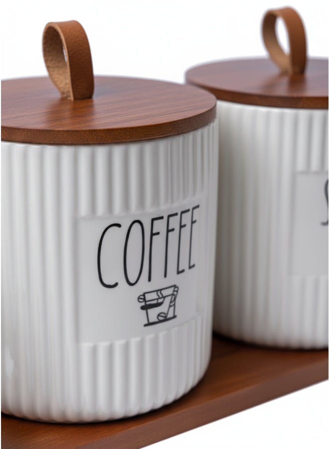 كذا هوم كاسا هوم طقم برطمانات بورسلين للشاي والقهوة والسكر بأغطية خشب وصينية منظم مطبخ مصر - Image 3