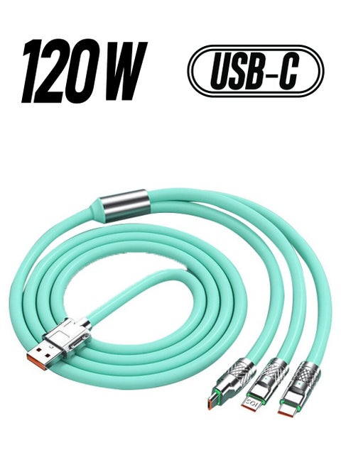 6A High current 3-in-1 Fast charging cable Multi-function charging cable 120w, 1.2m Super soft silicone universal USB Charging Cable adapter with Lightning/Type C/USB port (Mint green)
