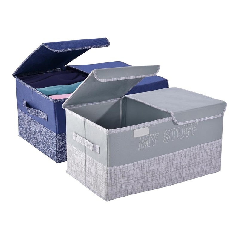 Kuber Industries Pack of 2 Wardrobe Organizer Large NonWoven Foldable Double Lid Drawer Organiser 2 Compartments Cupboard Organiser Clothes Organizer Grey Navy Blue - Image 1