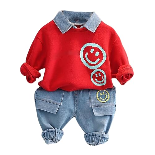 Bold N Elegant Happy Face Smile Print Boys Full Sleeve Collar T-Shirt and Denim Pant Party Clothing Set for Boys Kids (Red, 3-4 Years) - Image 2
