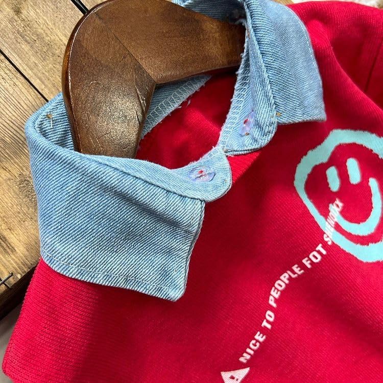Bold N Elegant Happy Face Smile Print Boys Full Sleeve Collar T-Shirt and Denim Pant Party Clothing Set for Boys Kids (Red, 3-4 Years) - Image 3