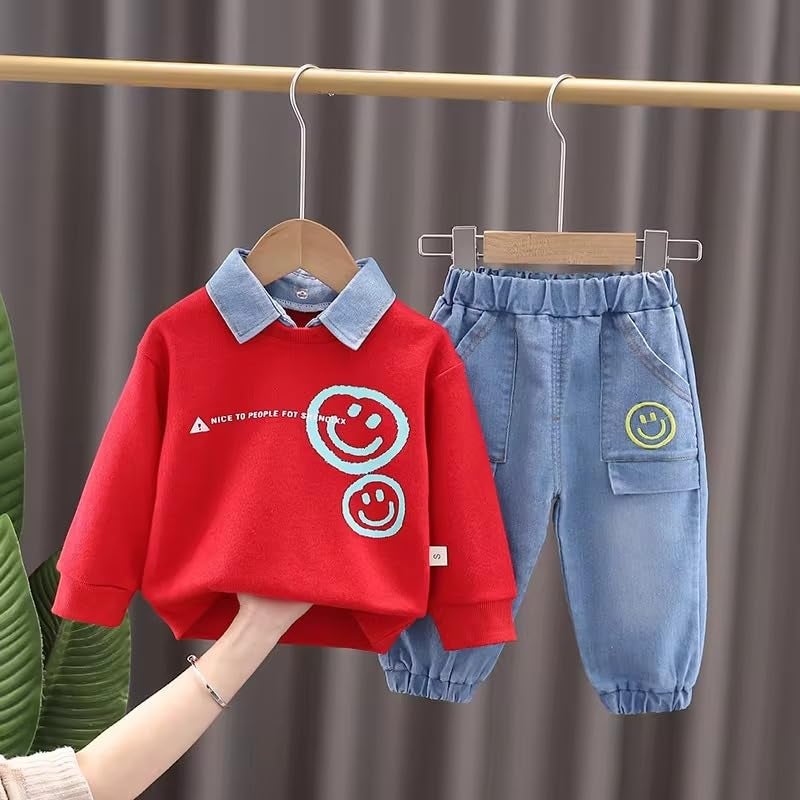 Bold N Elegant Happy Face Smile Print Boys Full Sleeve Collar T-Shirt and Denim Pant Party Clothing Set for Boys Kids (Red, 3-4 Years) - Image 5
