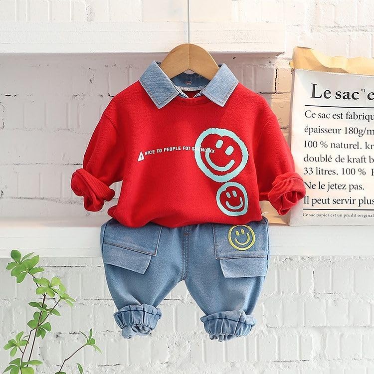 Bold N Elegant Happy Face Smile Print Boys Full Sleeve Collar T-Shirt and Denim Pant Party Clothing Set for Boys Kids (Red, 3-4 Years) - Image 4
