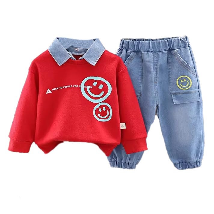 Bold N Elegant Happy Face Smile Print Boys Full Sleeve Collar T-Shirt and Denim Pant Party Clothing Set for Boys Kids (Red, 3-4 Years) - Image 1