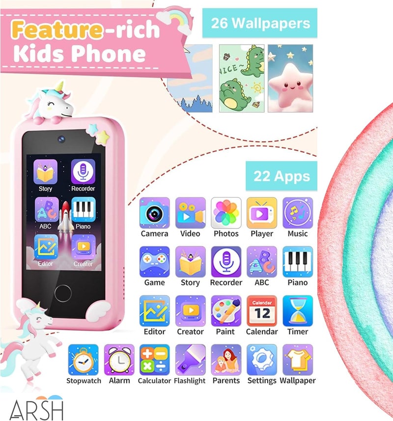 ARSH Kids Smart Phone Toy, 32GB TF Card Unicorn Design Kids Cell Phone Touchscreen Hologram Projection Kit Dual Camera Music Player Learning Apps Toddler Smart Mobile Phone for Kids Toy Mobile (Pink) - Image 3