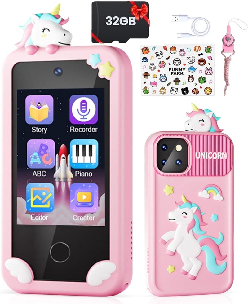 ARSH Kids Smart Phone Toy, 32GB TF Card Unicorn Design Kids Cell Phone Touchscreen Hologram Projection Kit Dual Camera Music Player Learning Apps Toddler Smart Mobile Phone for Kids Toy Mobile (Pink) - Image 1