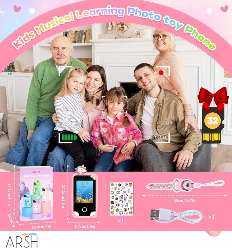 ARSH Kids Smart Phone Toy, 32GB TF Card Unicorn Design Kids Cell Phone Touchscreen Hologram Projection Kit Dual Camera Music Player Learning Apps Toddler Smart Mobile Phone for Kids Toy Mobile (Pink) - Image 2
