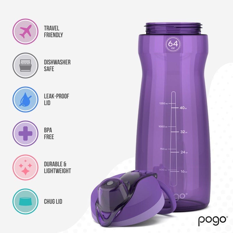 Pogo 64oz Plastic Water Bottle with Leak-Proof Chug Lid and Carry Handle, Reusable, BPA Free, Capacity Markings, Dishwasher Safe, Perfect for Travel, School, Outdoors, and Gym, Purple - Image 3