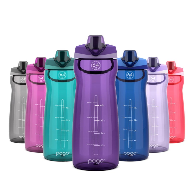 Pogo 64oz Plastic Water Bottle with Leak-Proof Chug Lid and Carry Handle, Reusable, BPA Free, Capacity Markings, Dishwasher Safe, Perfect for Travel, School, Outdoors, and Gym, Purple - Image 1